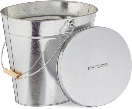 Relaxdays asemmer met deksel, 22 l, houten handvat, voor kolen, as, briketten, openhaard accessoire, staal, zilver Relaxdays asemmer met deksel, 22 l, houten handvat, voor kolen, as, briketten, openhaard accessoire, staal, zilver