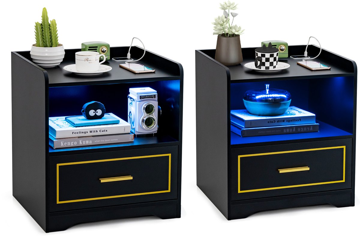 Costway Set van 2 nachtkastjes met ledlicht, USB-poort en type C-laadstation, nachtkastje met bewegingssensor, bijzettafel met open vak en lade, nachtkastje voor slaapkamer, zwart