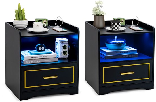 COSTWAY set van 2 nachtkastjes met LED-licht, USB-aansluiting en Type-C oplaadstation, nachtkastje met bewegingssensor, bijzettafel met open vak en lade, nachtkastje voor slaapkamer, zwart