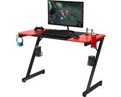 COSTWAY Z-vormige gamingtafel, computertafel, pc-tafel met bekerhouder, hoofdtelefoonhaak en boxstandaard, bureau voor thuis of kantoor, 120 x 60 x 77 cm, rood en zwart