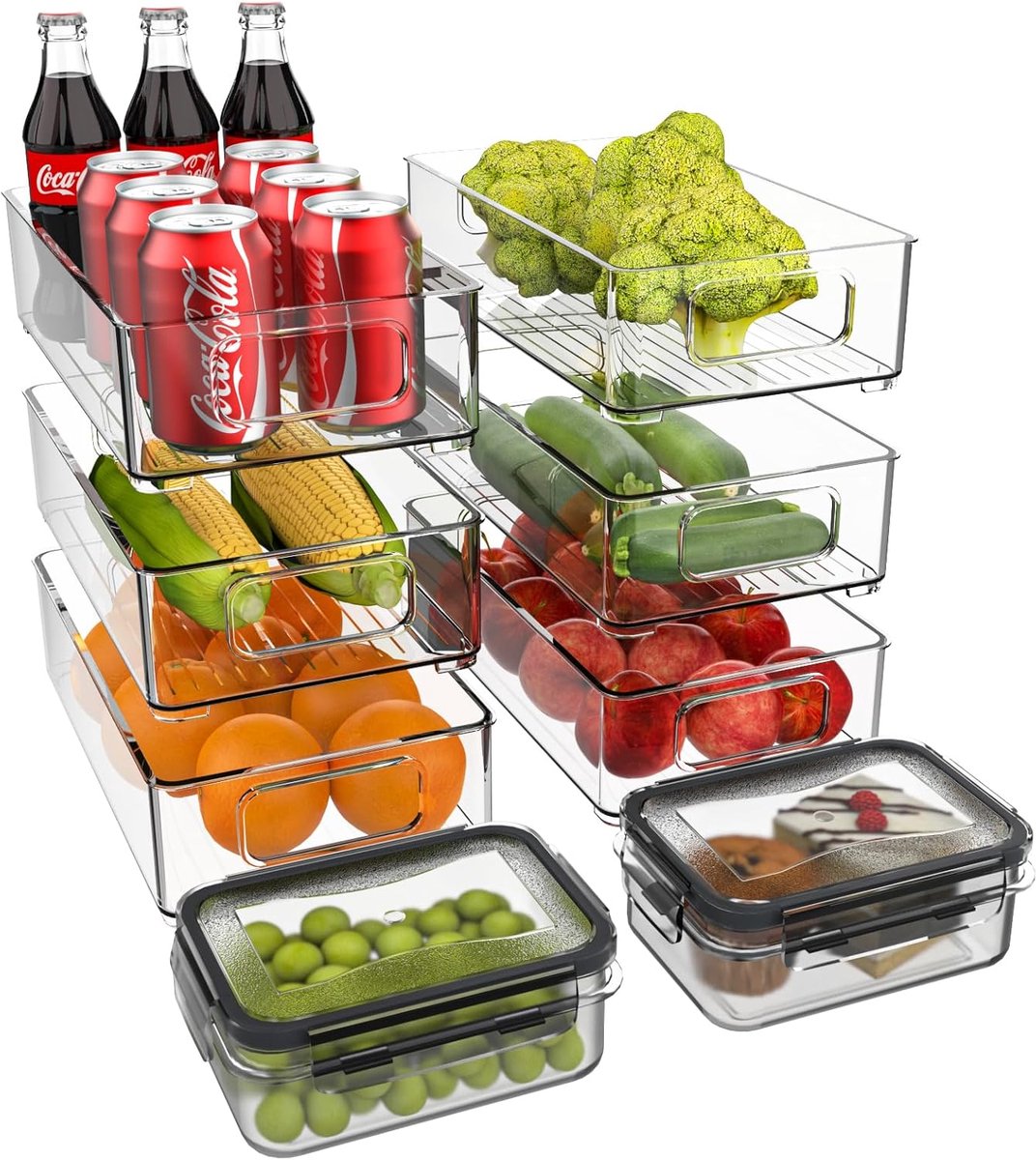 Famanu - Koelkast-organizer, stapelbaar, opbergdoos, keukenorganizer, voorraaddoos, doorzichtig reservoir voor koelkast, keuken, kasten (8 stuks)