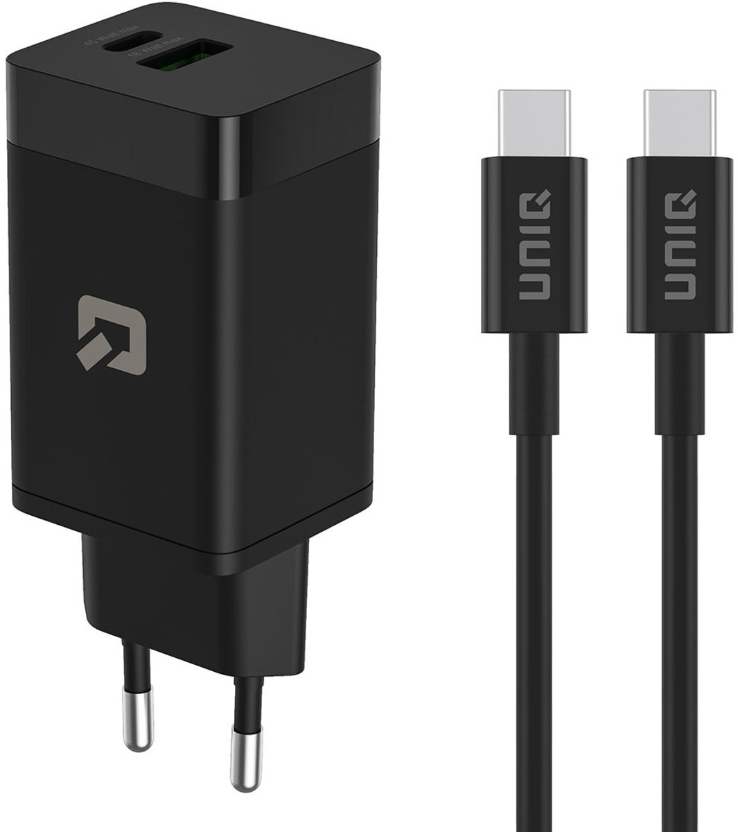 TUNIQ 45W GaN Snellader - USB C en USB A - Power Delivery - 1 Meter USB C Kabel - Zwart