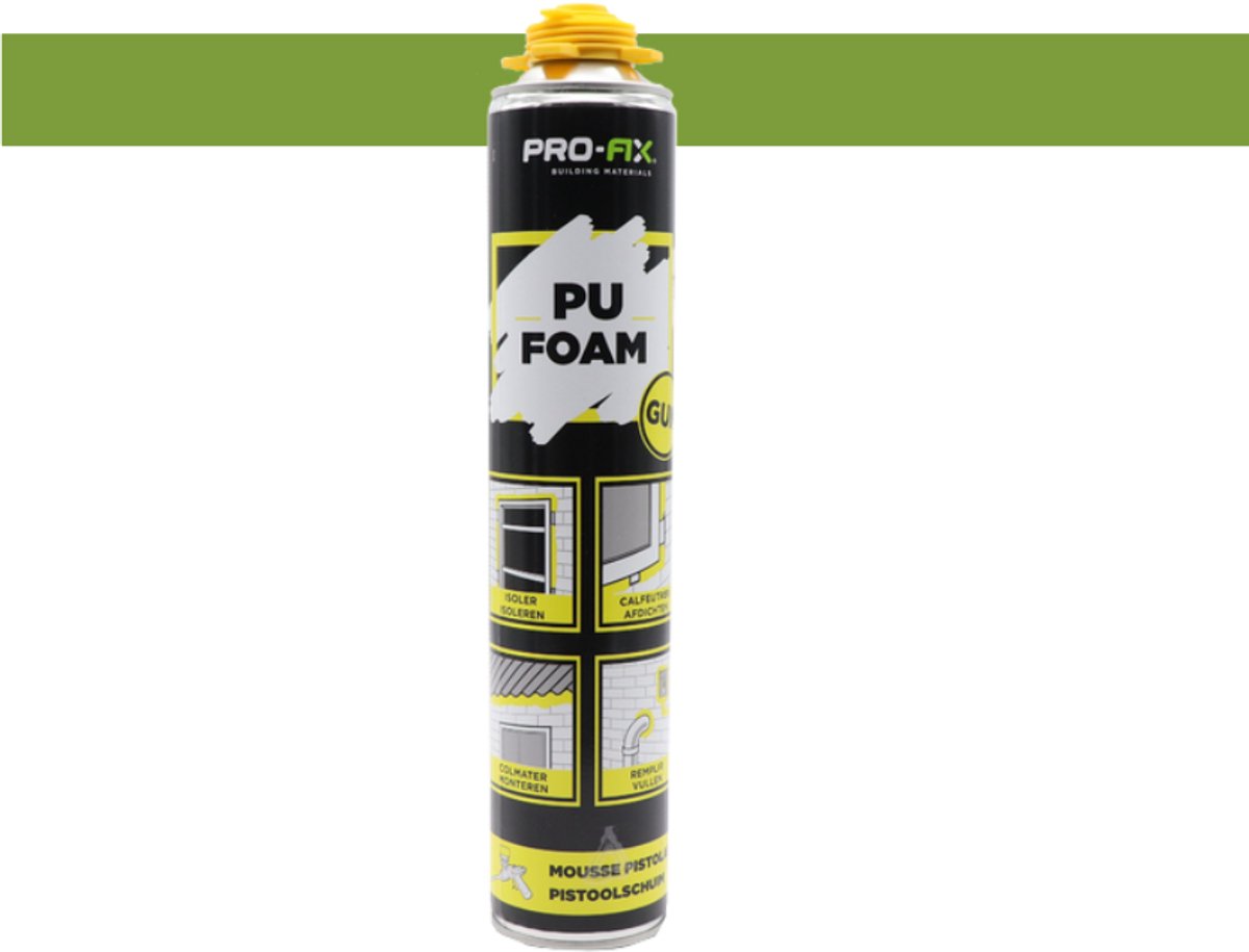 Pro-Fix – GunFoam – Professioneel Purschuim voor Purpistool | 750ml PU Montageschuim | Voor Afdichten, Isoleren & Monteren | Binnen & Buiten Gebruik | Lage Nabeëxpansie | Hecht op Steen, Beton, Hout & Kunststof