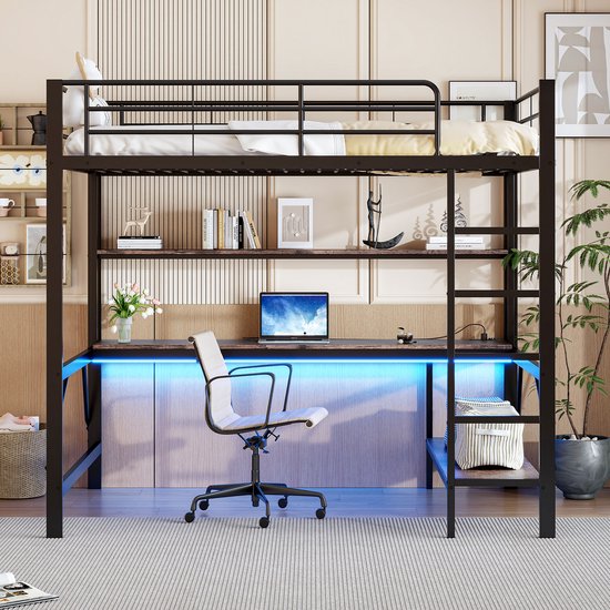 Lit mezzanine - 140x200 cm - escabeau - avec USB et prise - avec éclairage LED- bureau - sans matelas - noir
