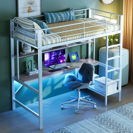 Lit mezzanine - 90x200 cm - escabeau - avec USB et prise - avec éclairage LED- bureau - sans matelas - blanc