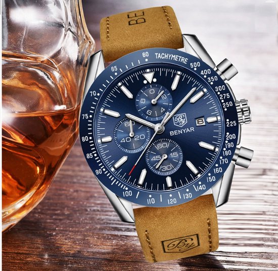Montre homme - Chronographe - Bracelet cuir - Acier inoxydable - Blauw