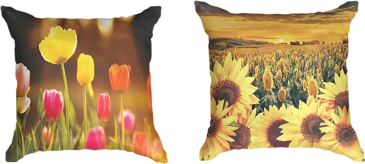 Ulticool Kussenhoes Set van 2 stuks - Tulpen Bloemen Natuur Zonnebloem Zomer - Exclusief Kussenvulling - Sierkussens 45x45 cm - Sierkussenhoes - Tulpenbollen - Kussentjes Bank Decoratie Woonkamer Slaapkamer Kinderkamer - Geel Roze