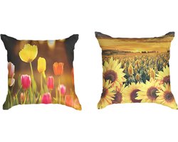 Ulticool Kussenhoes Set van 2 stuks - Tulpen Bloemen Natuur Zonnebloem Zomer - Exclusief Kussenvulling - Sierkussens 45x45 cm - Sierkussenhoes - Pasen Paasdecoratie Tulpenbollen - Kussentjes Bank Decoratie Woonkamer Slaapkamer Kinderkamer - Geel Roze