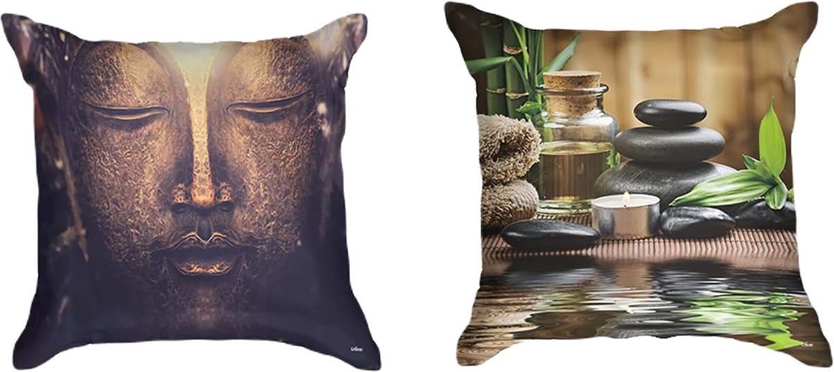 Ulticool  - Kussenhoes - Boeddha Zen Spa Meditatie Rust - Set van 2 Kussens Exclusief Kussenvulling - Sierkussens 45x45 cm - Sierkussenhoes Accessoires - Kussentjes Bank voor Decoratie Woonkamer Slaapkamer Jeugdkamer Kinderkamer Babykamer - Sepia