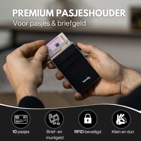 Zilverkleurige Hëndig creditcardhouder met zwart vak voor 10 pasjes en briefgeld.