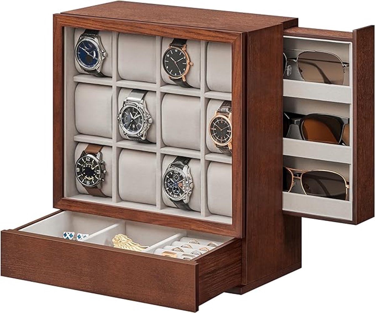 Houten Horlogedoos :-met een sporthorloge- )12 Sleuven Venster Horloge Vitrine Massief Houten Fineer Verticale Opslag Ruimtebesparend Geschenkidee Koffiebruin