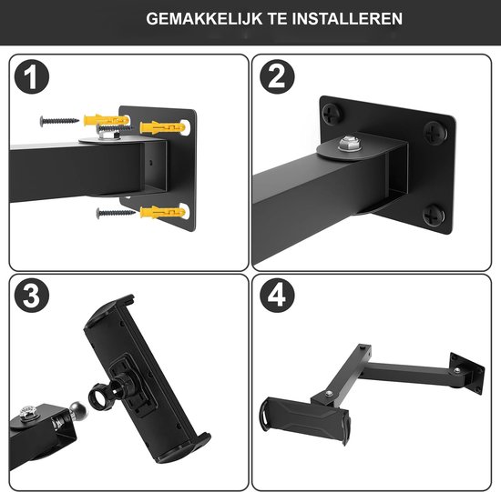 Tablethouder voor 4,7 - 13,5 inch, iPad wandhouder, 360 graden draaibaar, uittrekbare lengte bedraagt 10-43 cm, metalen iPad-houder voor zakelijk en thuis, keuken, fitness