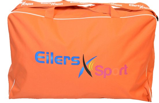 Sac de sport orange avec le texte 'Eilers Sport' en lettres bleues et roses.