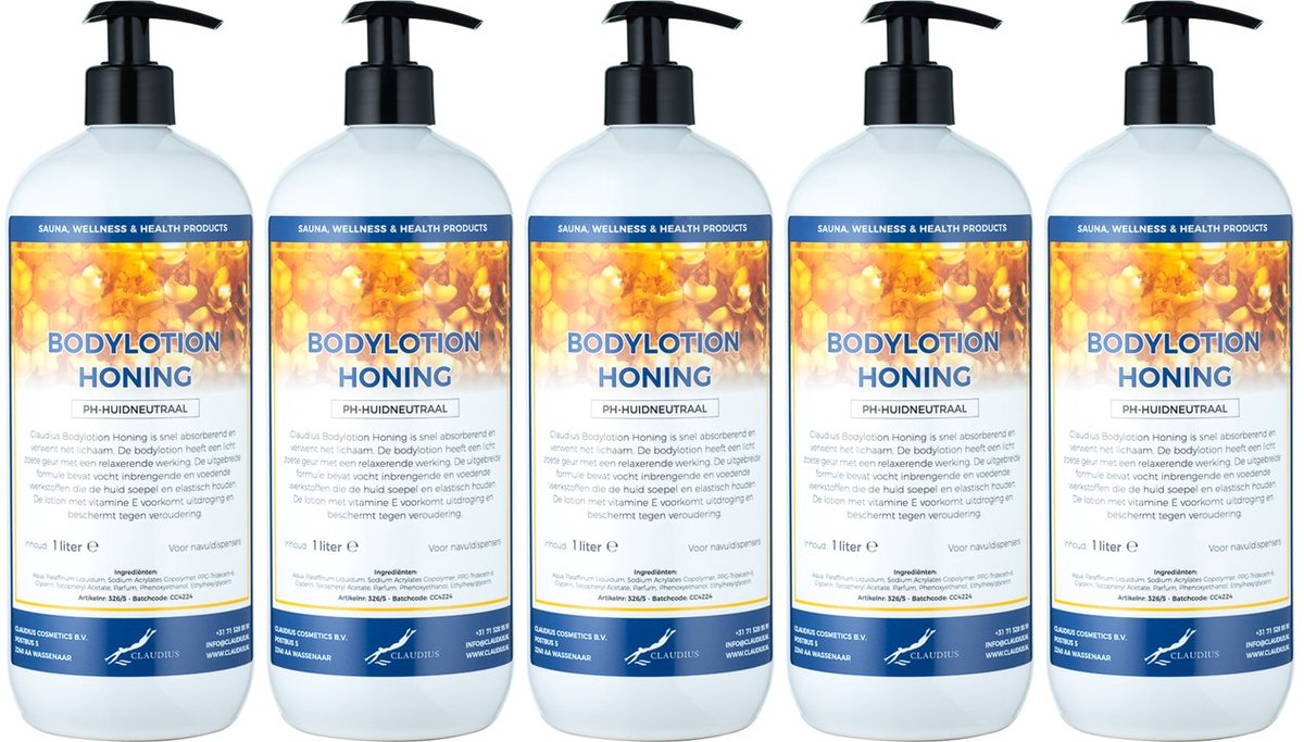 Bodylotion Honing 1 Liter - met gratis pomp - set van 5 stuks - Voordeelverpakking