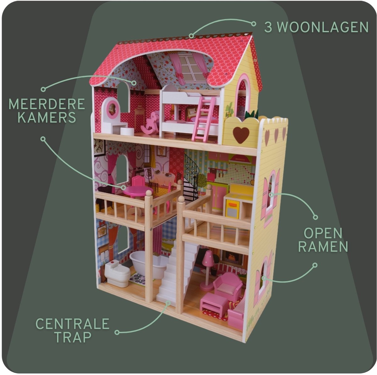 Bandits & Angels Houten Poppenhuis Roze House of Angels vanaf 3 jaar 90 cm hoog - Inclusief 16 meubeltjes - Met Geluid - Poppen Huis - Poppen Speelgoed — afbeelding 8