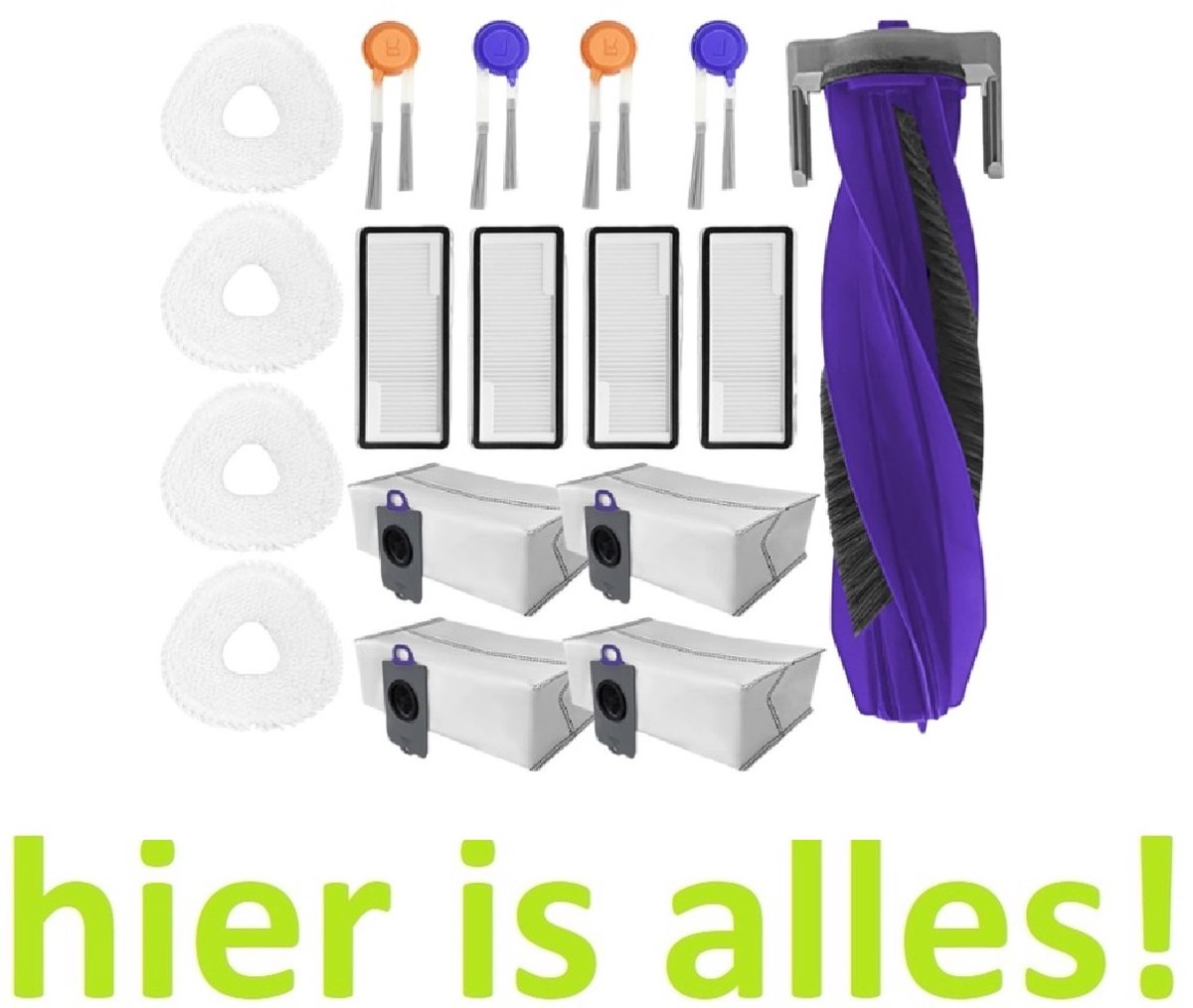 Grote set onderdelen compatibel met stofzuiger NARWAL Freo Z10 Ultra / Freo Z10 Robot Vacuüm. 1 Hoofdborstel - 4 Filters - 4 Doekjes - 4 Zijborstels - 4 Stofzakken - Accessoires - hoogwaardige vervanging