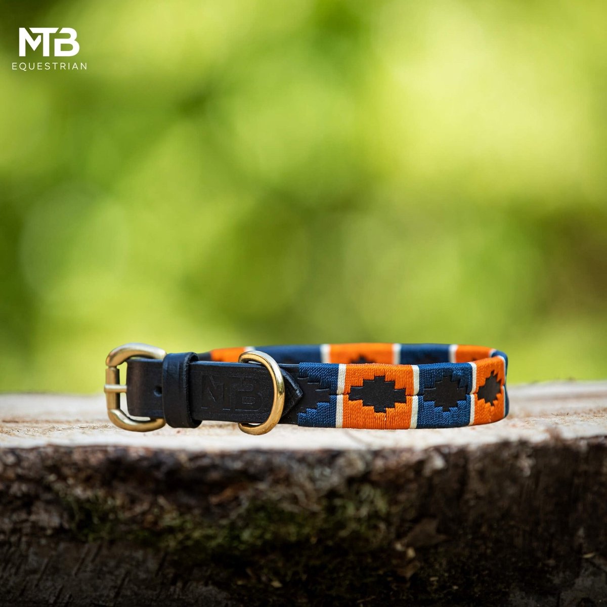 Leren Hondenhalsband – Oranje-Blauw Polo Design – Maat XL – Handgemaakt & Comfortabel – MTB Equestrian