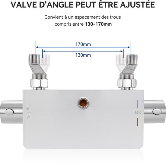 Chroom douchesysteem met regelbare ventielen voor een gatafstand van 130-170 mm.