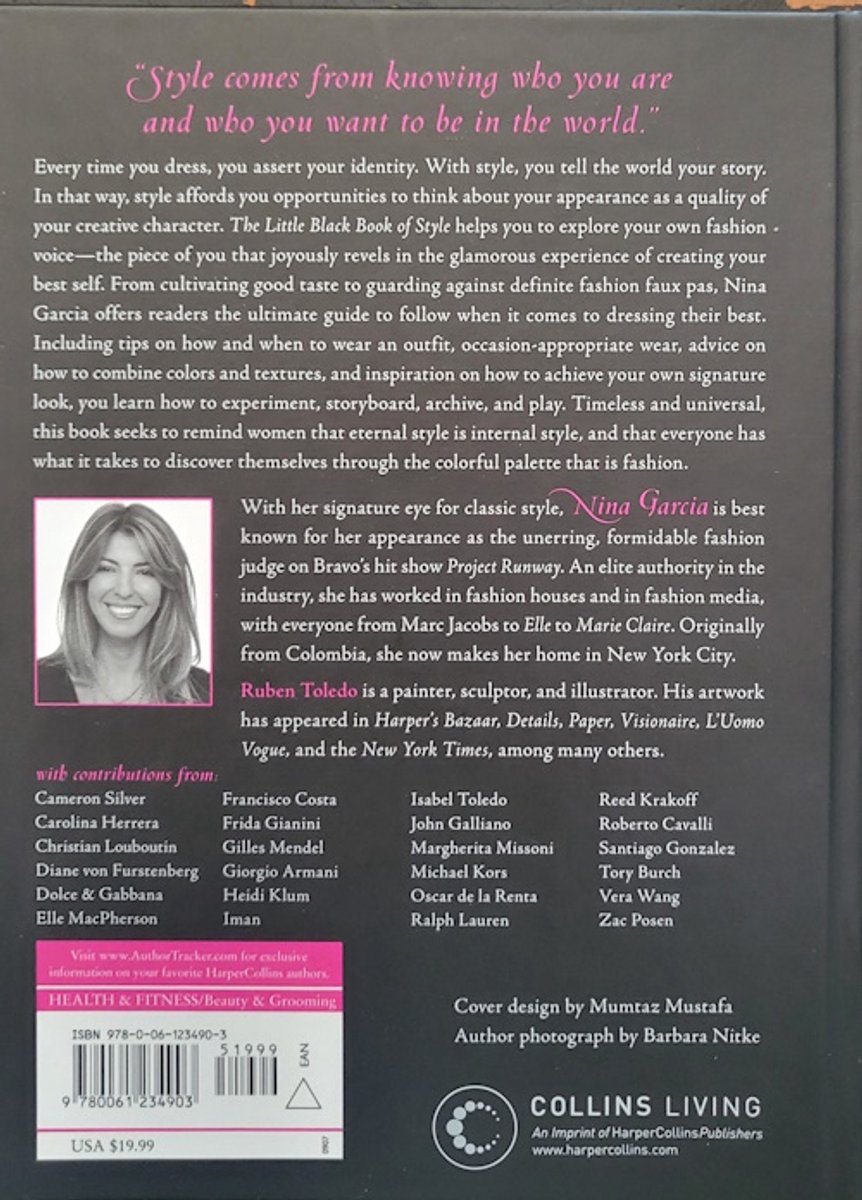 Achterkant van het boek 'The Little Black Book of Style', met een foto van Nina Garcia en informatie over het boek en de auteur.