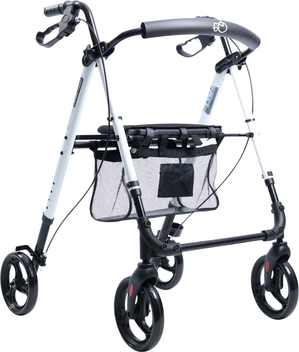 Excel Litewalk Classic® rollator lichtgewicht en opvouwbaar – Aluminium frame – Met verstelbare zitting, rugleuning & opbergtas – Voor binnen en buiten – Wit