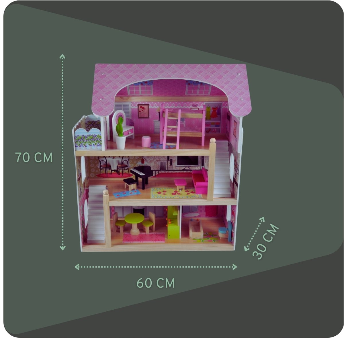 Bandits & Angels Houten Poppenhuis Roze Angels Villa vanaf 3 jaar 70 cm hoog - Inclusief 15 meubeltjes - Poppen Huis - Poppen Speelgoed — afbeelding 7