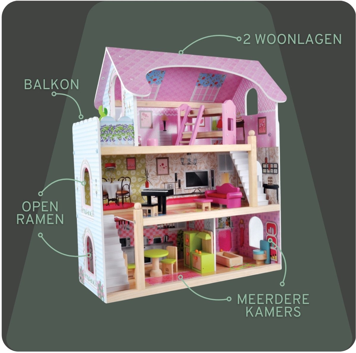 Bandits & Angels Houten Poppenhuis Roze Angels Villa vanaf 3 jaar 70 cm hoog - Inclusief 15 meubeltjes - Poppen Huis - Poppen Speelgoed — afbeelding 6