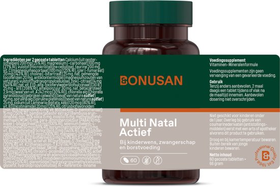 Bruine fles Bonusan Multi Natatief Actief. Ingrediënten en gebruik: 60 tabletten, 66 gram.