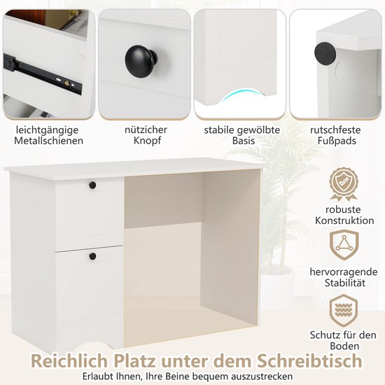 Détails du bureau blanc: glissières métalliques lisses, bouton, base stable, pieds antidérapants, construction robuste, excellente stabilité.