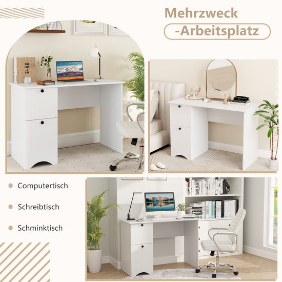 Bureau blanc à 2 tiroirs, utilisé comme bureau d'ordinateur, bureau d'écriture et coiffeuse.