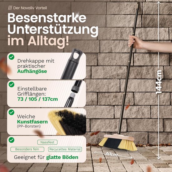 Novaliv kamerbezem met steel stevige FIJNE KUNSTHAREN Bezem zachte haren dicht opeengepakte kastbezem houten bezem 4 st. insteekbare steel met kunstharen van PP voor laminaat- en parketvloeren, huisbezem van Novaliv — afbeelding 3