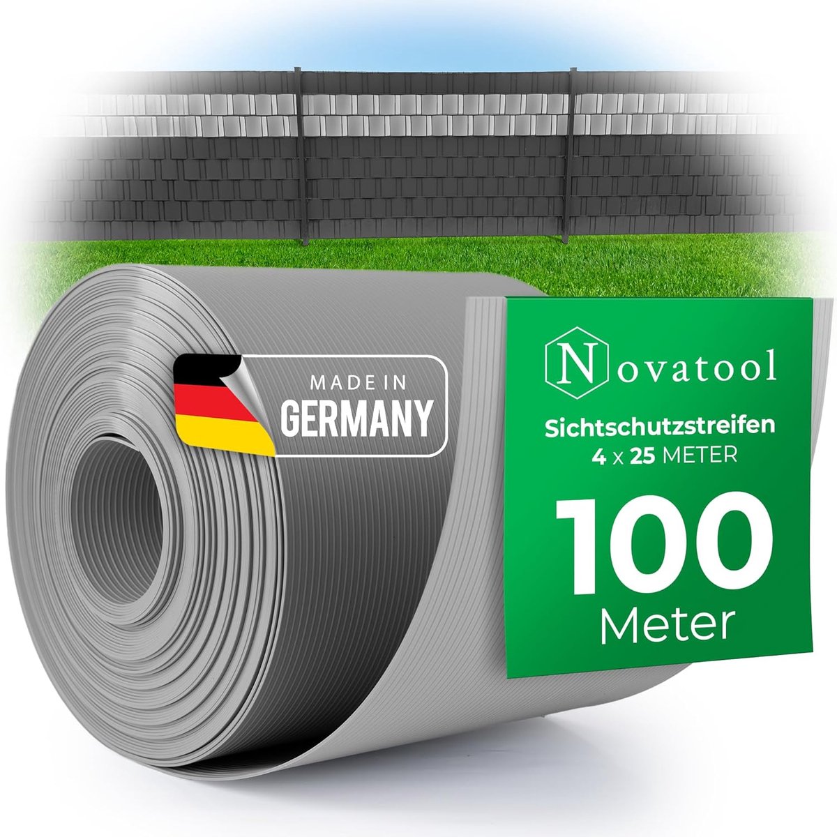 Novatool Premium PP 100m rollen privacy strips voor dubbelstaafmat hekwerk raam GRIJS voor 40 rijen staafmat hekwerk privacy strips duurzame en weerbestendige hekwerk elementen privacy scherm