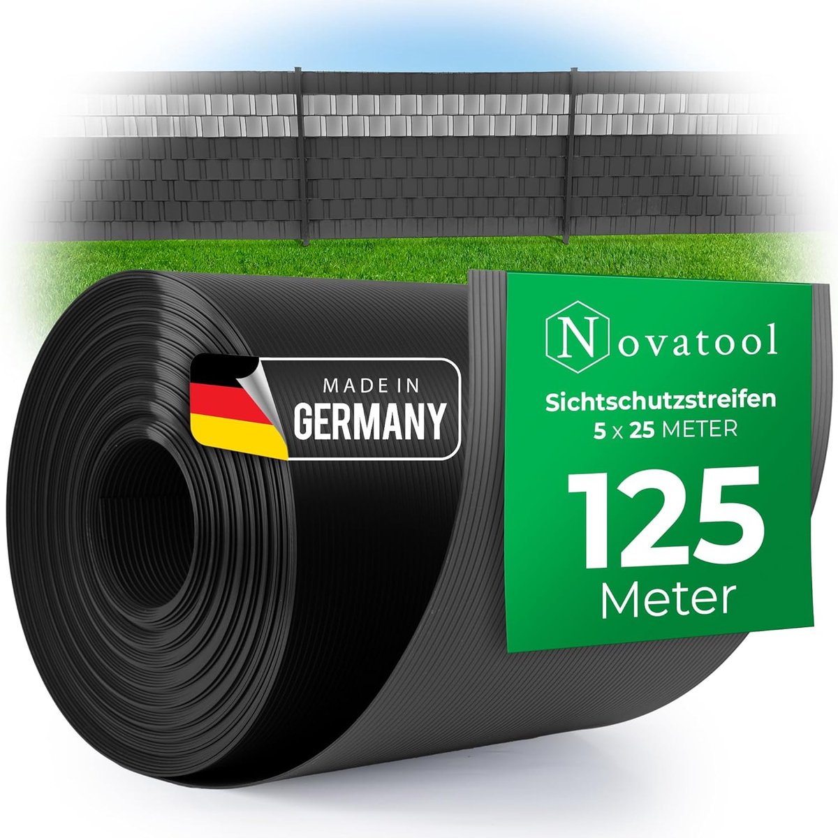 Novatool 5x 25m rol PP PREMIUM privacy strips voor dubbelstaafmatten ANTRACIET 19 cm hoog - 50 RIJEN staafmat schutting privacy strips GRIJS met groeven schuttingelementen privacy scherm Hoge kwaliteit
