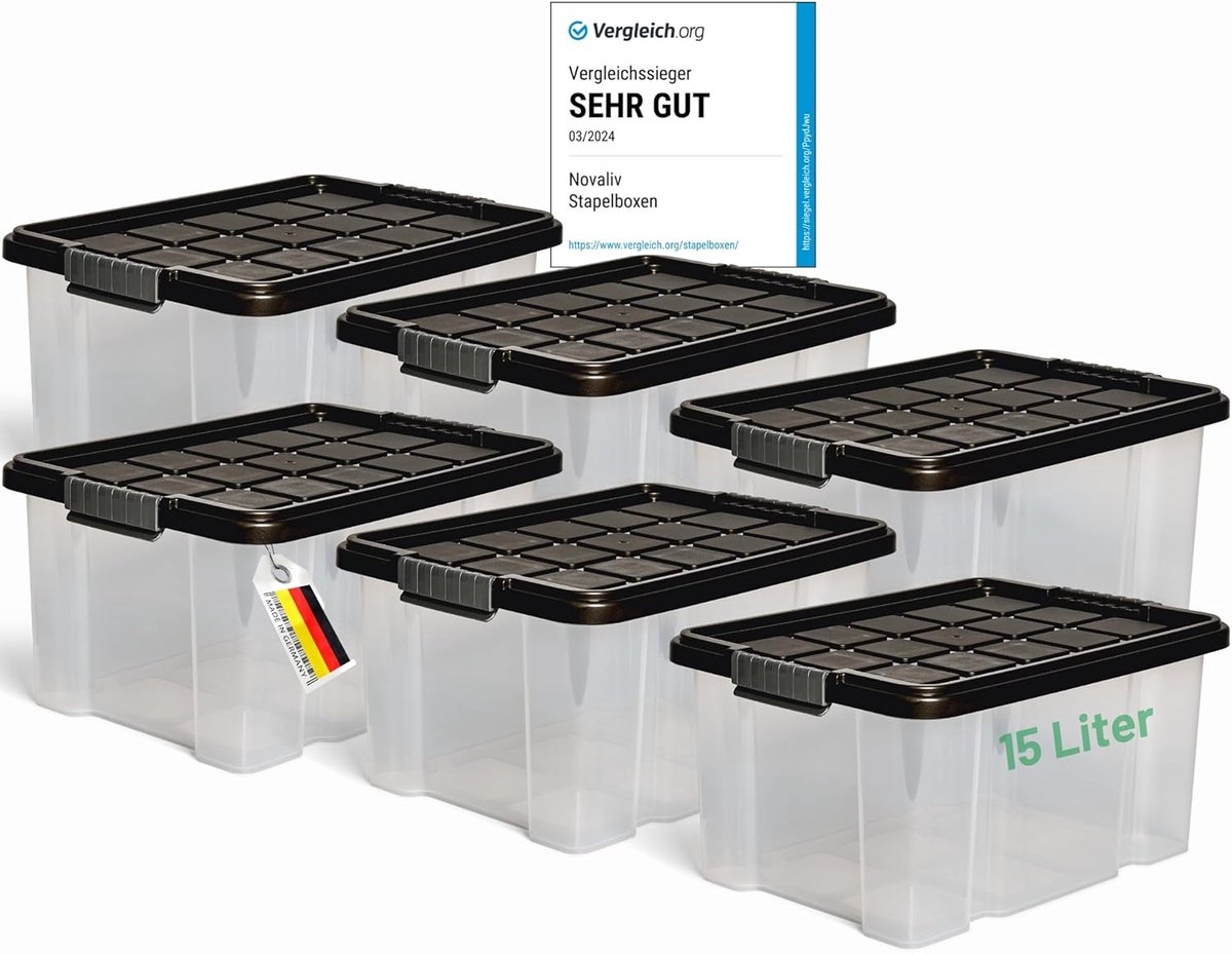 Novaliv 6x opbergdozen met deksel 15L antraciet Nestbare stapelbare opbergdozen met clipsluiting Kunststof doos BPA-vrij 41 x 29 x 20 cm transparant