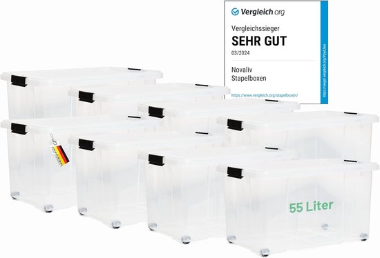 Novaliv Opbergdozen, zonder deksel, 15 liter, transparant, nestbaar, stapelbaar, kunststof, BPA-vrij, 39 x 28,5 x 19,5 cm, 6 stuks