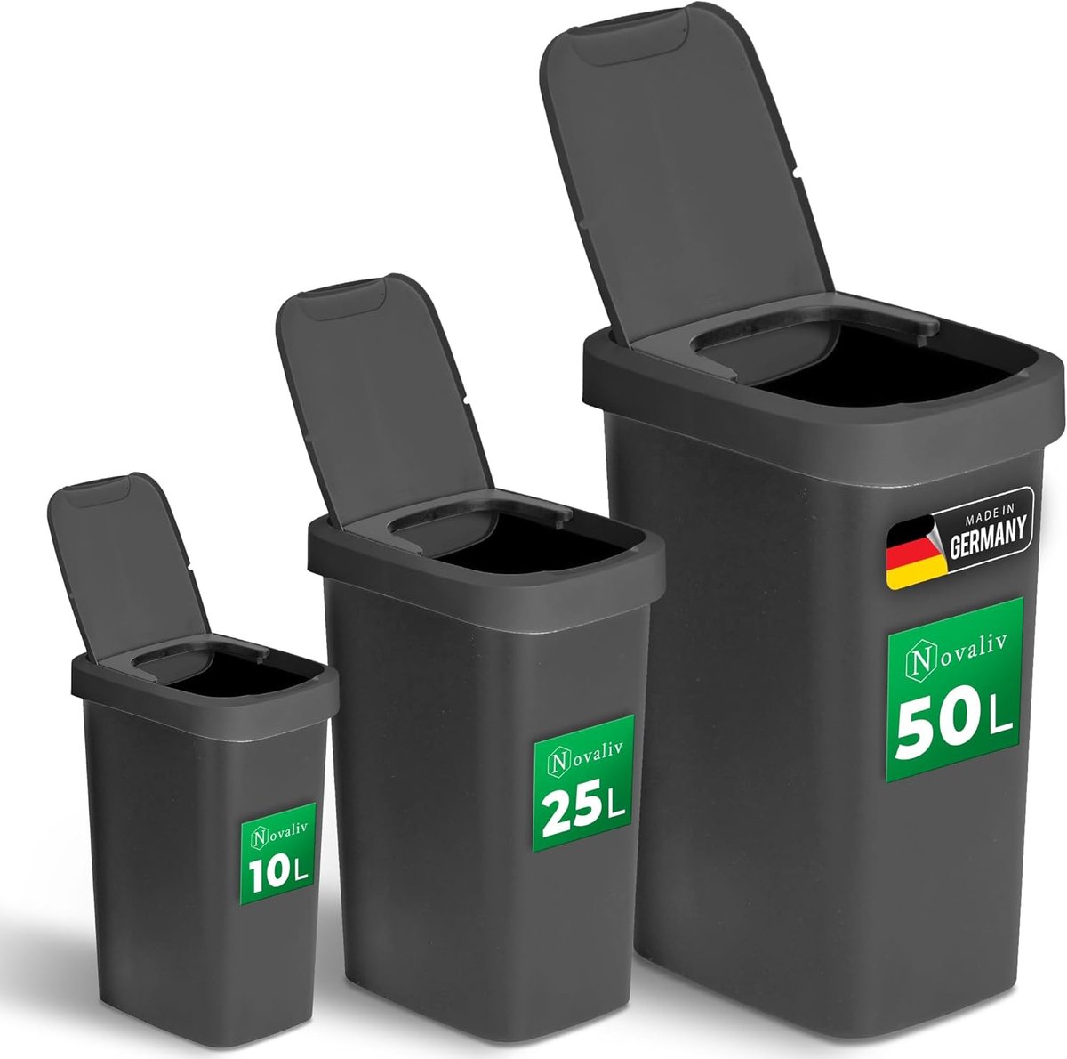 Novaliv Afvalbakset 10L + 25L + 50L, afvalbak met 2-in-1 deksel, scharnierdeksel & zwaaideksel, anti-geur afvalbak voor keuken huishouden kantoor, afvalemmer afval plastic afvalcontainer