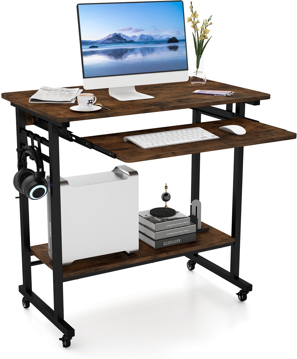 Costway Bureau met wieltjes, toetsenbordplank, ruimtebesparende computertafel, pc-tafel met legplank onder en haken, industriële laptoptafel voor thuiskantoor, vintage bruin