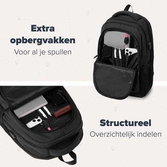 Zwarte rugzak met open vakken voor spullen en een gestructureerd interieur voor overzicht.