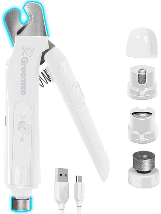 Groomzo 2-in-1 Elektrische Nagelvijl en Nagelknipper - Knipper - Schaar - Trimmer – Oplaadbaar & Draadloos - Diamant Vijlkop - voor Honden, Katten en Dieren – Wit
