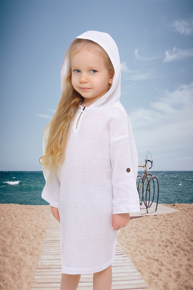 RobyKris Kids Zwemponcho met capuchon - Katoenen mousseline - Wit - Maat 98-104