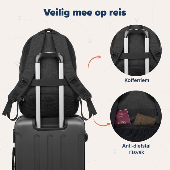 Donkere rugzak op een koffer met een handvat-bevestiging en een anti-diefstal vak met paspoort.