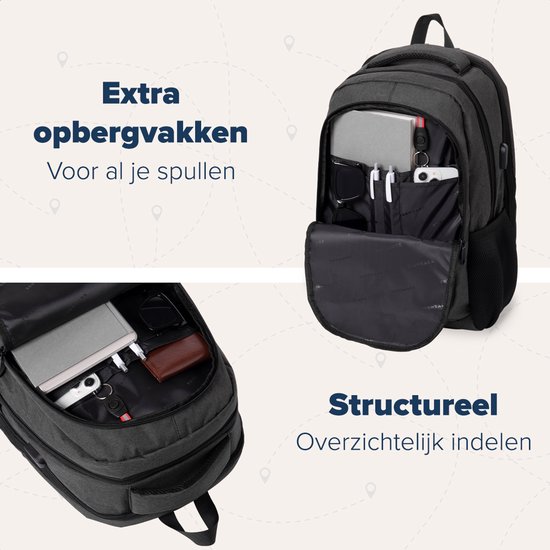 Donkere rugzak met verschillende vakken en een USB-poort. Binnenin: laptop, bril en pennen.