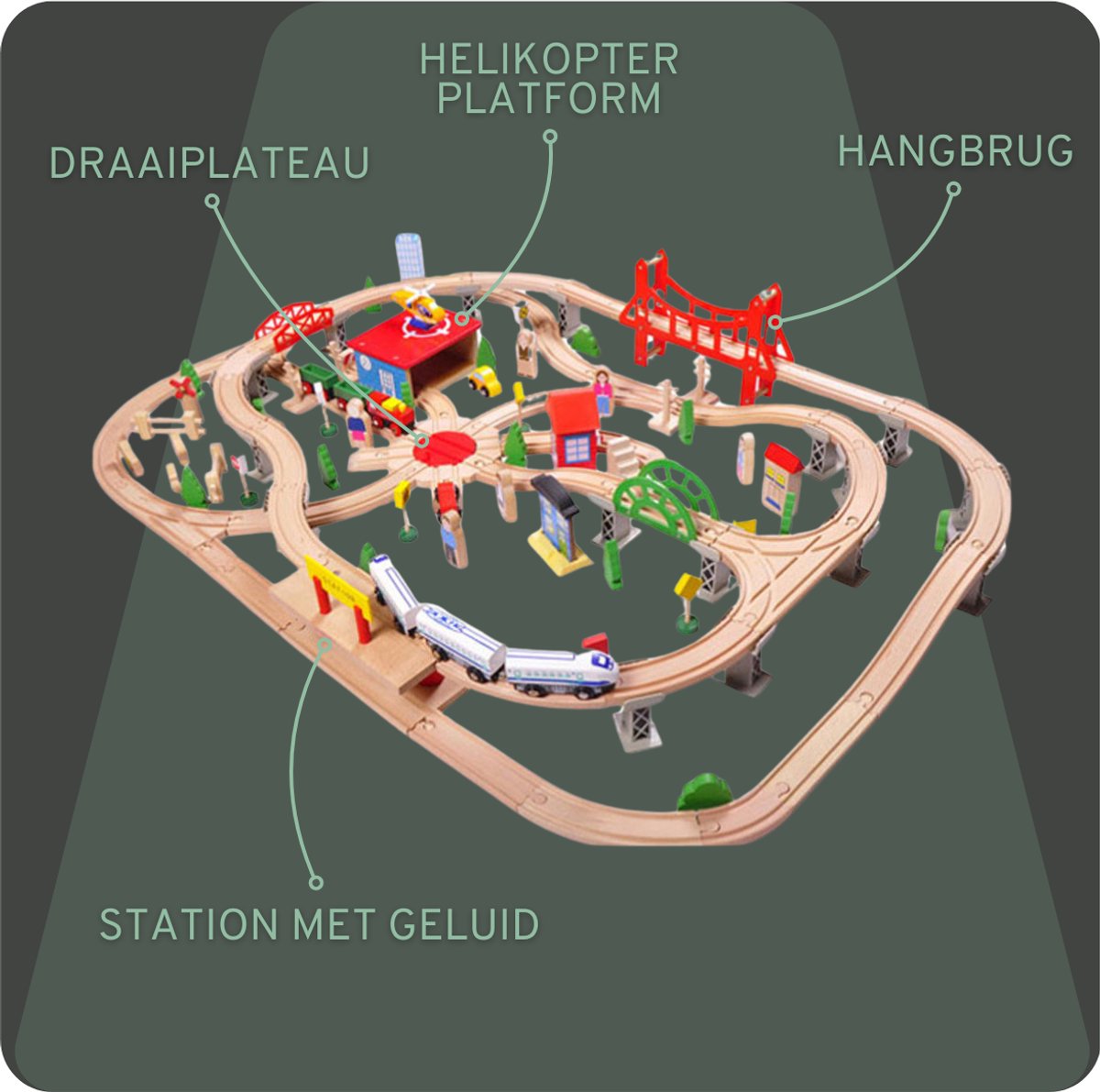 Bandits & Angels Houten Treinset 130 delig met Treinstation vanaf 3 Jaar voor Jongens en Meisjes - Trein Set met 130 delen en 2 Treinen van Hout - Treinbaan voor Kinderen met Accessoires — afbeelding 7