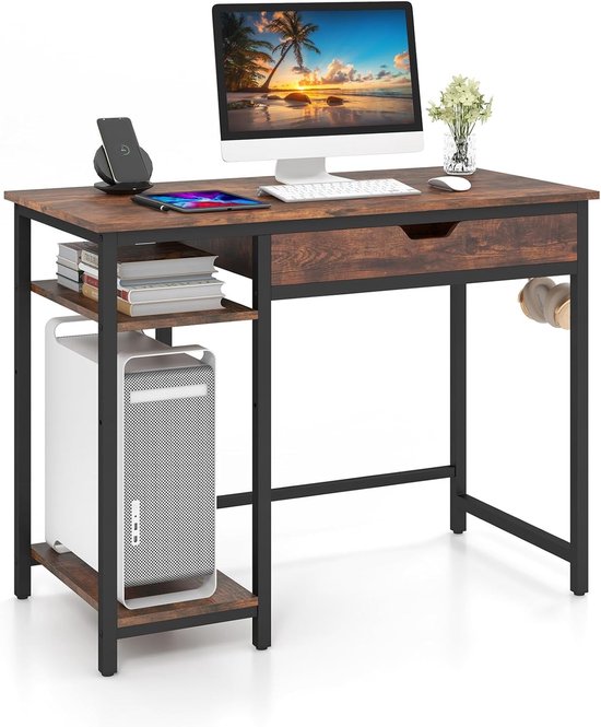 COSTWAY Bureau, kleine computertafel met lade en verstelbaar rek, pc ...
