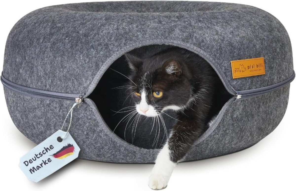 Kattenbed en Kattentunnel van Vilt - Antraciet - Ruim en Comfortabel - 50 x 50 x 24 cm