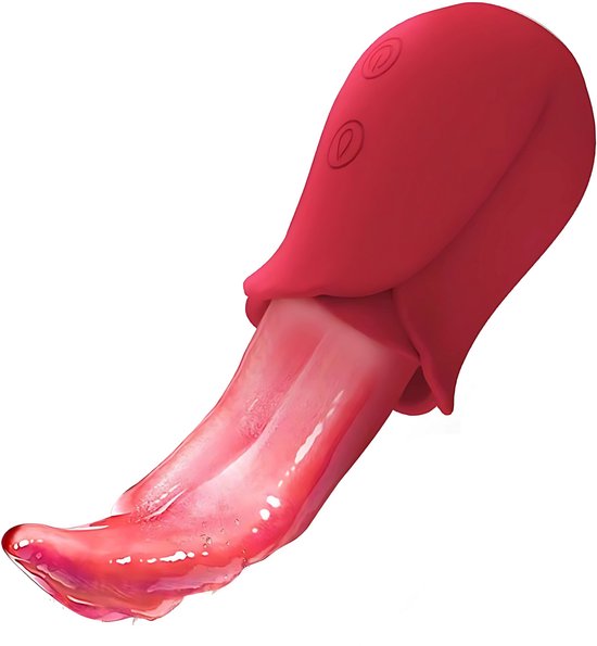 Rode tongvibrator met twee knoppen. De flexibele, glanzende tong is nat.