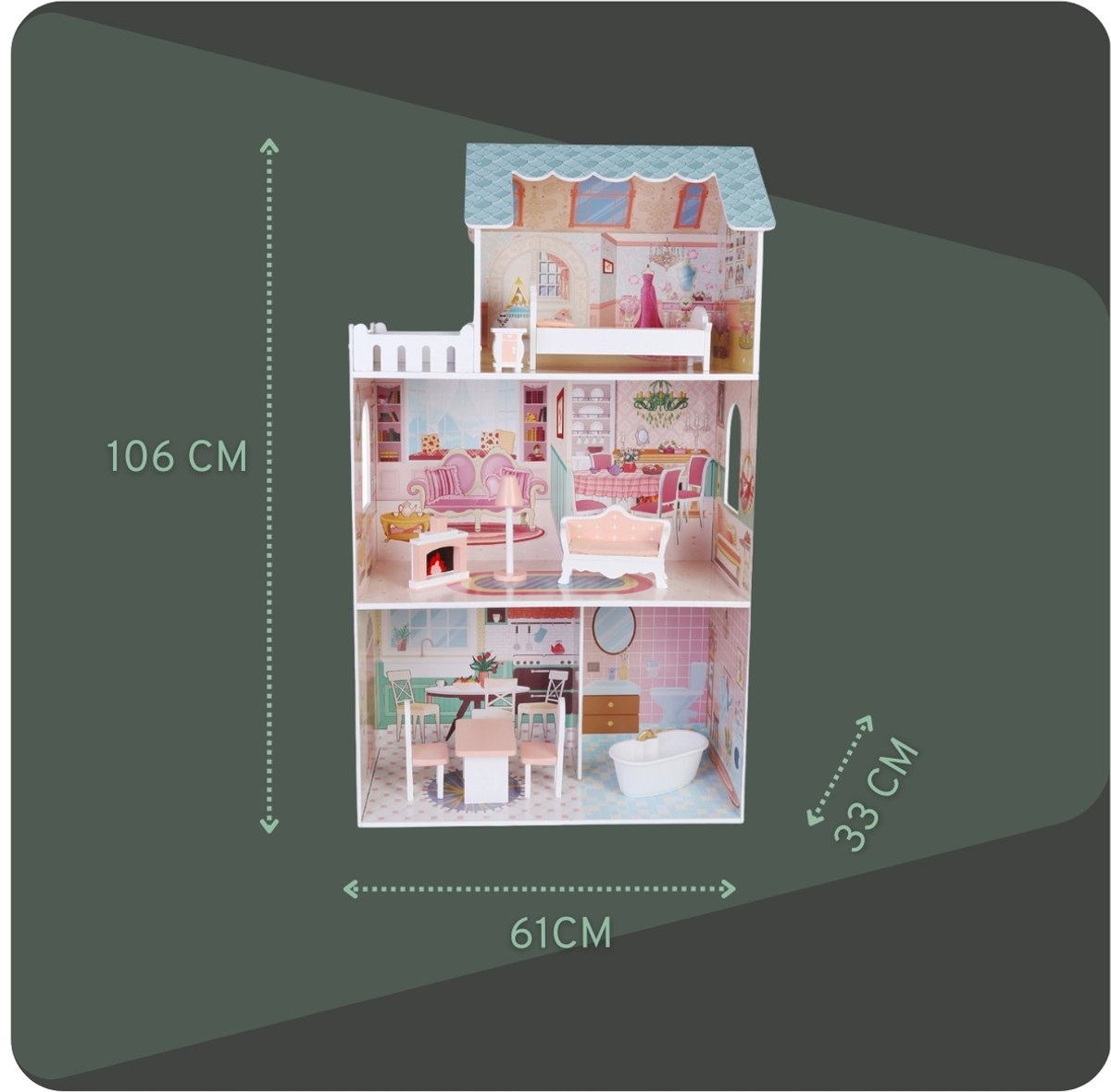 Bandits & Angels Houten Poppenhuis Roze/Blauw Angels City House vanaf 3 jaar 106 cm hoog - Inclusief 10 meubeltjes - Poppen Huis - Poppen Speelgoed — afbeelding 8