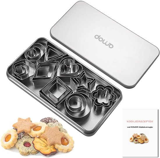 DOWO® - Uitsteekvorm set - Uitsteekvormpjes - 30 Stuks Uitsteekvormpjes kerst- Hart- Ster- Bloem- Ronde Cookie Vormen - RVS - Koekjes - Met koekjesrecepten