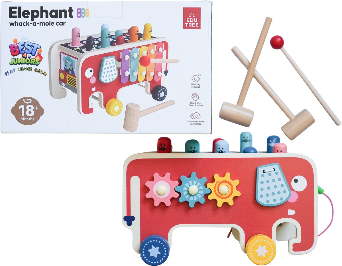 Houten Olifant Karretje – Educatief Muziek- en Motoriek Speelgoed (18 maanden+) – Whack-a-mole, Xylofoon & Trekkoord — afbeelding 2