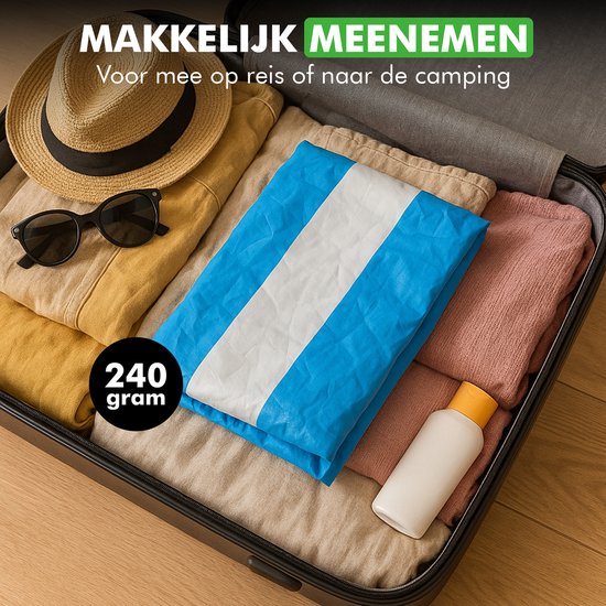 Blauw-wit gestreepte waterhangmat opgevouwen in een koffer met kleding, zonnebril en hoed.