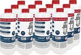 Twaalf witte flessen met rode doppen en etiketten waarop een koffiezetapparaat staat. Inhoud 500 ml + 250 ml gratis.